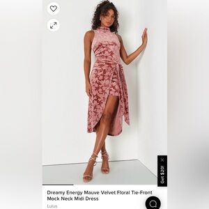 Lulus Dreamy Energy Mauve Velvet Floral Tie-Front Mock Neck Midi Dress